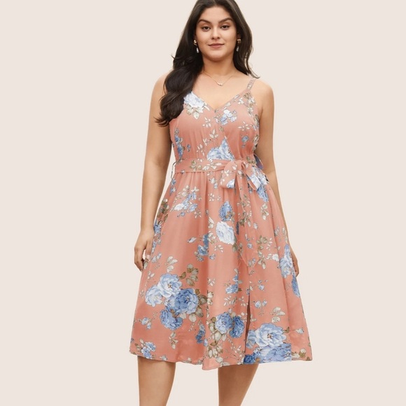 BloomChic Floral Wrap Elastic Waist Belted Sleeveless Dress - Picture 1 of 4